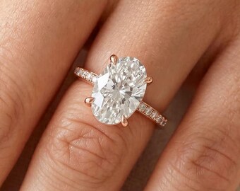 3 Carat Oval Cut Engagement Ring Oval Lab Grown Diamond Ring 14K Rose Gold Ring Minimal Ring Dainty Ring Pave Set