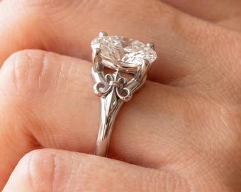 2 Carat Oval Fleur de Lis Diamond Ring IGI Certified Lab Grown 14K White Gold Vintage Engagement Ring Antique Style Bridal Ring