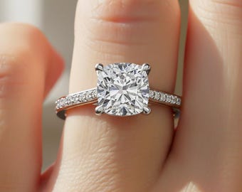 14K Gold Cushion Diamond Engagement Ring, IGI Certified Lab Grown Diamond, 2 CT Cushion IGI Certified