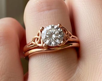 Celtic Engagement Ring 1 Carat IGI Certified Round Lab Grown Diamond Dainty Engagement Ring Set Matching Wedding Band 14k Rose Gold