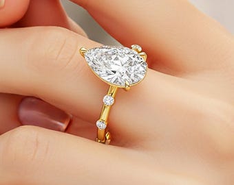 3 Carat Pear Diamond Engagement Ring 14k Yellow Gold Dainty Nature Inspired Wedding Ring