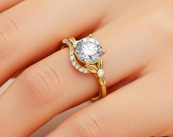 Nature Inspired Engagement Ring 1.5 Carat Round Lab Grown Diamond Leaf Wedding Ring IGI Certified 14k Yellow Gold