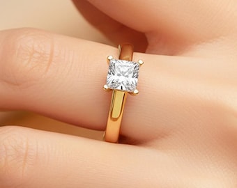 1 Carat Princess Cut Diamond Engagement Ring Solitaire Wedding Ring CVD Diamond Ring IGI Certified 14k Yellow Gold