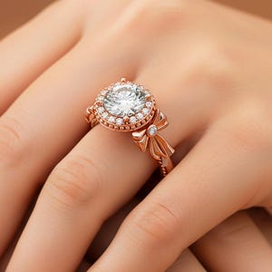 1.5 Carat Round Cut Lab Grown Unique Diamond Ring Halo Engagement Ring 14k Rose Gold Bow Tie Ring