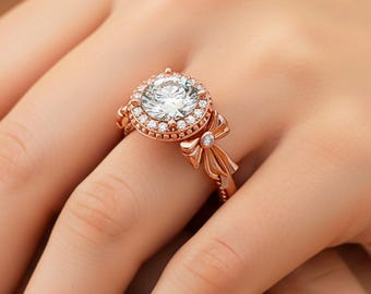 1.5 Carat Round Cut Lab Grown Unique Diamond Ring Halo Engagement Ring 14k Rose Gold Bow Tie Ring