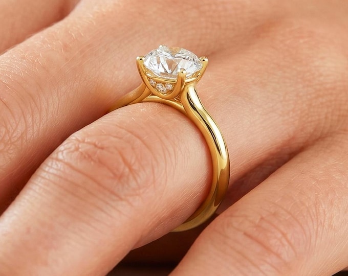 1.5 Carat Round Lab Grown Diamond Engagement Ring Hidden Halo Diamond Ring 14k Yellow Gold Dainty Minimalist Ring