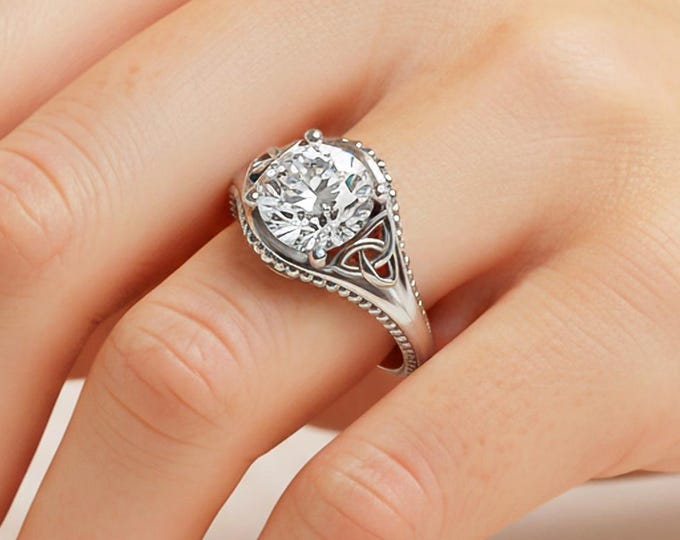 Celtic Diamond Engagement Ring 18k White Gold Ring Solitaire Wedding Ring 2 Carat Round Lab Grown Diamond
