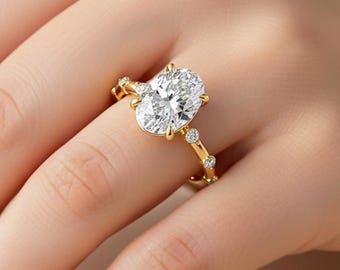 2.5 Carat Oval Lab Grown E VS2 Diamond Ring Oval Diamond Thin Engagement Ring Dainty Ring 14k Yellow Gold Eagle Claw