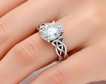 Celtic Engagement Ring 18k White Gold Ring Celtic Design 2 Carat Oval Lab Grown Diamond Twisted Irish Wedding Ring