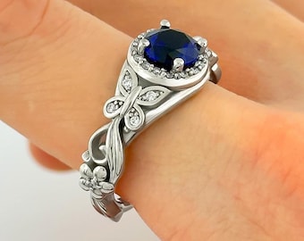Blue Sapphire Engagement Ring September Birthstone Butterfly Blue Gemstone Ring