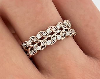 Round Cut Diamond Leaf Eternity Ring Stackable 14k Rose Gold Ring Nature Inspired Lab Diamond Wedding Band