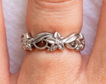 Diamond Flower Wedding Band Floral Ring Nature Inspired 14k White Gold Ring Lab Grown Diamond