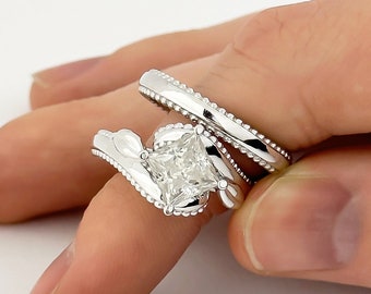 Princess Cut Moissanite Engagement Set Unique Bridal Set Unique 14k Gold Engagement Ring