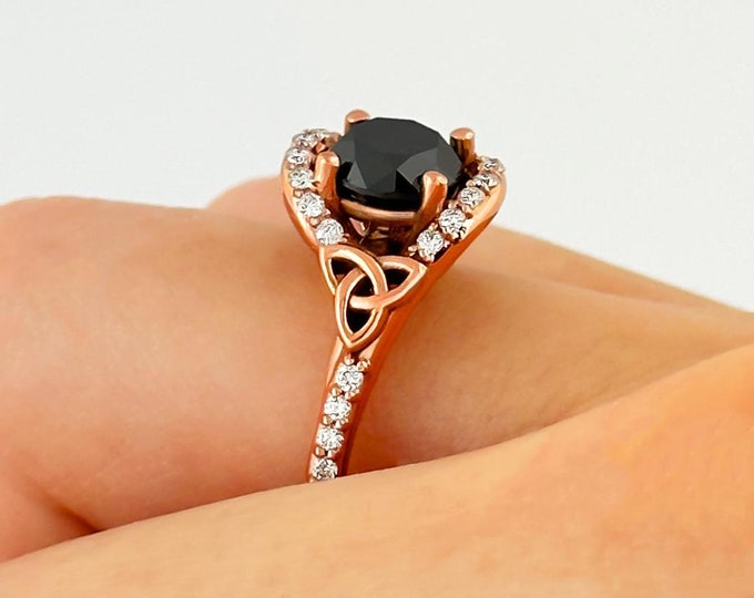 Celtic Engagement Ring 14k Rose Gold Ring Black Diamond Ring