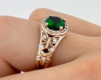 Round Emerald Engagement Flower Ring Nature Inspired Wedding Ring