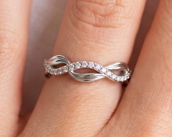 Flowing Diamond Leaf Ring 925 Sterling Silver Unique Vine Wedding Band Handmade Jewelry