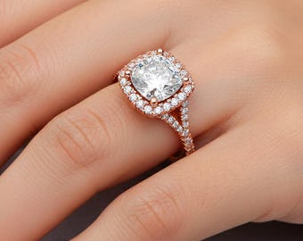 3 Carat Cushion Lab Grown Diamond Halo Engagement Ring Pave Wedding Ring Cushion Cut Diamond Ring 14k Rose Gold