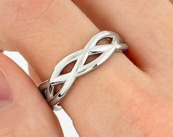 Men's Wedding Band Solid 14k White Gold Braided Ring Unique Dainty Ring