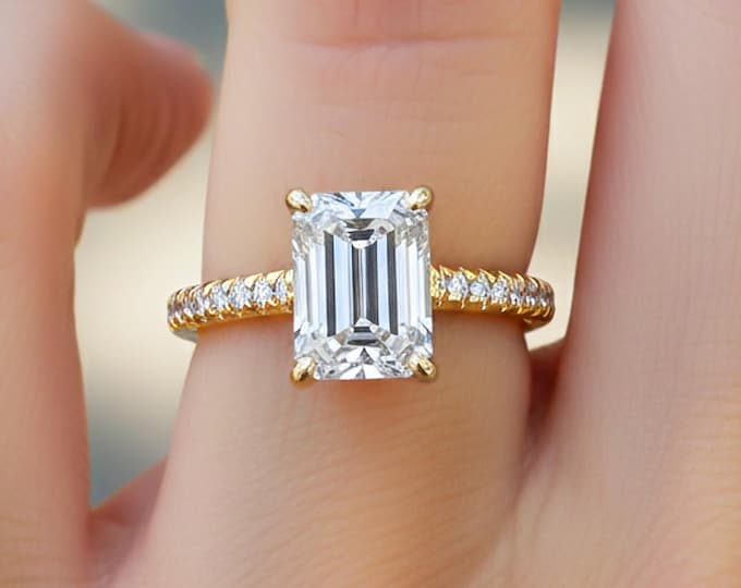 2 Carat Emerald Cut Lab Grown Diamond Engagement Ring VS1 E 14k Yellow Gold IGI Certified Diamond Wedding Ring