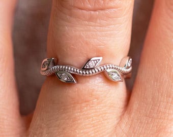 Silver Leaf Vine Lab Diamond Ring 925 Sterling Silver Floral Botanical Stackable Band Nature Inspired Gift For Her