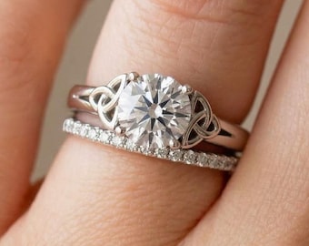 Celtic Trinity Knot Engagement Set 14k White Gold Triquetra Irish Ring 1 Carat Round Lab Grown Diamond Wedding Ring
