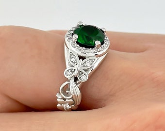 Round Green Emerald Butterfly Engagement Ring 14k Gold Flower Ring