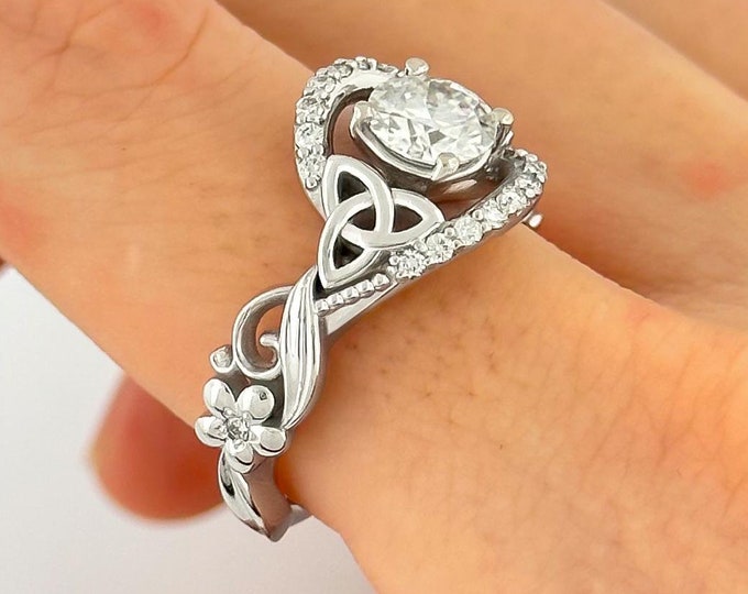 1 Carat Round Lab Grown Diamond Celtic Engagement Ring 14k White Gold Trinity Knot Wedding Ring Nature Inspired IGI Certified