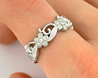 Diamond Flower Ring 14k White Gold Ring Diamond Wedding Band Flower Band Unique Wedding Band Women