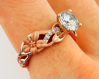 1.5 Carat Round D VS1 Lab Grown Diamond Nature Inspired Engagement Ring in 14k Gold Unique Flower Engagement Ring