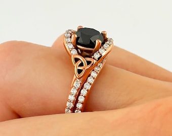 Celtic Diamond Engagement Ring Set 14k Rose Gold 1 Carat Black Diamond Trinity Knot Bridal Set with Diamond Matching Band