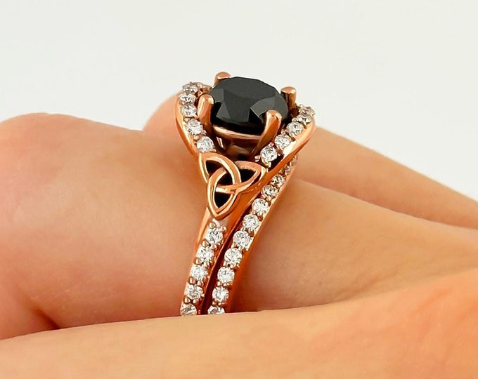 Black Diamond Engagement Ring Set Celtic Irish Bridal Rings in 14k Rose Gold