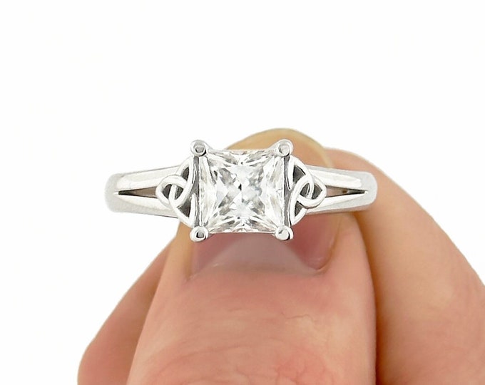 Princess Cut Lab Grown Diamond Ring 14K White Gold Engagement Ring Irish Celtic Engagement Ring IGI Certified