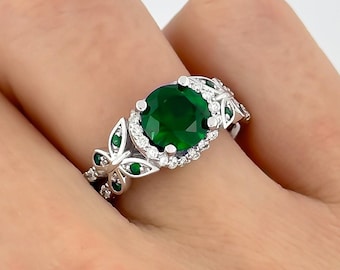 Butterfly Emerald Engagement Ring 14k White Gold Ring Diamond Ring