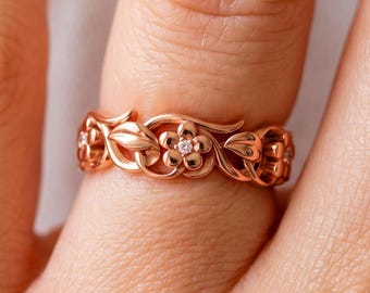 Nature Inspired Wedding Band 14k Rose Gold Diamond Flower Ring Gift for Her