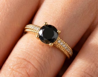 1 Carat Black Diamond Engagement Ring 14K Yellow Gold Minimalist Ring 4 Prong Milgrain Ring
