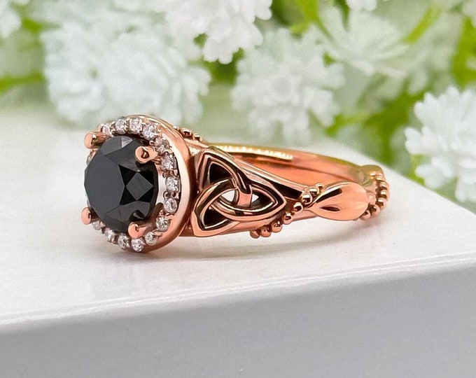 Black Diamond Celtic Ring 14k Rose Gold Nature Inspired Unique Ring