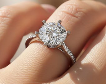 Round Cut 2 Carat Lab Grown Diamond Engagement Ring 6 Prong IGI Certified Round Side Diamonds 14k White Gold