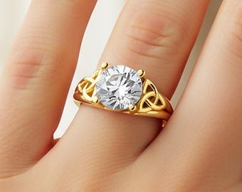 Celtic Engagement Ring 14k Yellow Gold 2 Carat Round Diamond IGI Certified Lab Grown Diamond Trinity Knot Wedding Ring
