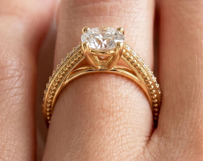 1 Carat Lab Grown Diamond Engagement Ring Round Brilliant CVD Diamond Ring 14K Yellow Gold Minimalist Ring 4 Prong Milgrain Ring