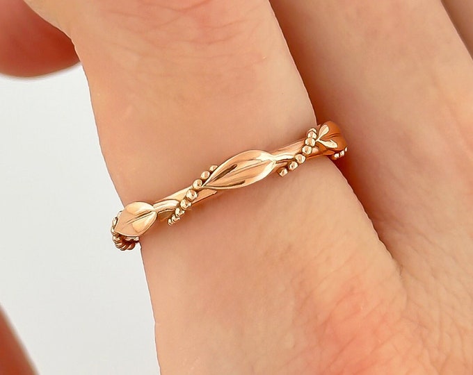 Nature Inspired Band Solid 14k Gold Leaf Vine Ring Handmade Jewelry
