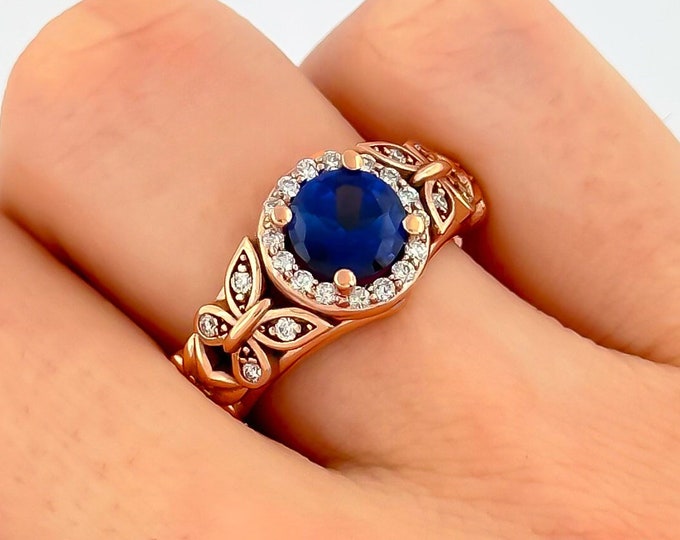 Blue Sapphire Engagement Ring 14k Rose Gold Round Cut Sapphire Birthstone Ring