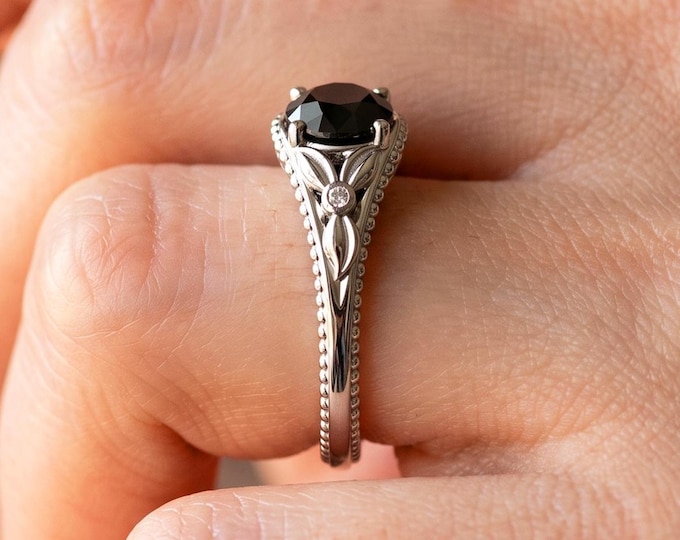 1 Carat Round Cut Black Diamond Ring Nature Inspired Engagement Ring 14k White Gold Thin Engagement Ring Dainty Solitaire