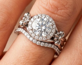Fleur de Lis Bridal Set 1 Carat Lab Grown Diamond 14k White Gold Halo Wedding Ring
