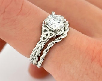 Celtic Moissanite Engagement Ring Set Platinum Ring Rope Wedding Ring