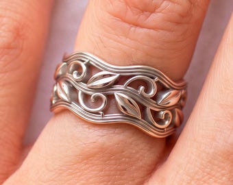 Unique Wide Nature Inspired Band 925 Sterling Silver Leaf Vine Ring For Women (10mm)
