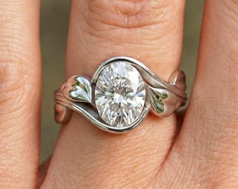 2 Carat Oval Diamond Engagement Ring 14k White Gold Nature Inspired Ring IGI Certified