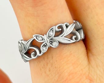Diamond Butterfly Wedding Band 14k White Gold Leaf Vine Ring Nature Inspired Wedding Ring Anniversary Gift