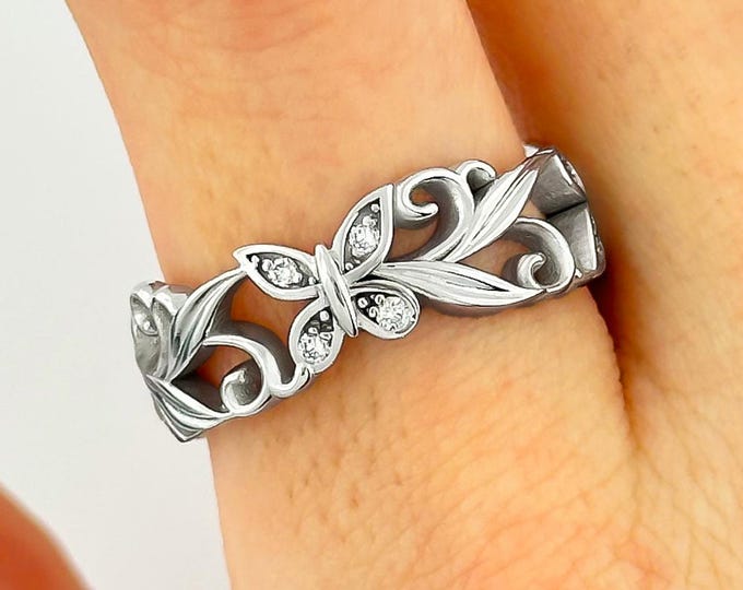 Diamond Butterfly Wedding Band 14k White Gold Leaf Vine Ring Nature Inspired Wedding Ring Anniversary Gift