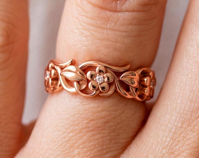 Nature Inspired Wedding Band 14k Rose Gold Diamond Flower Ring Gift for Her