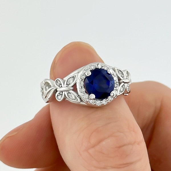 Butterfly Engagement Ring Blue Sapphire 14k White Gold Ring Diamond Ring
